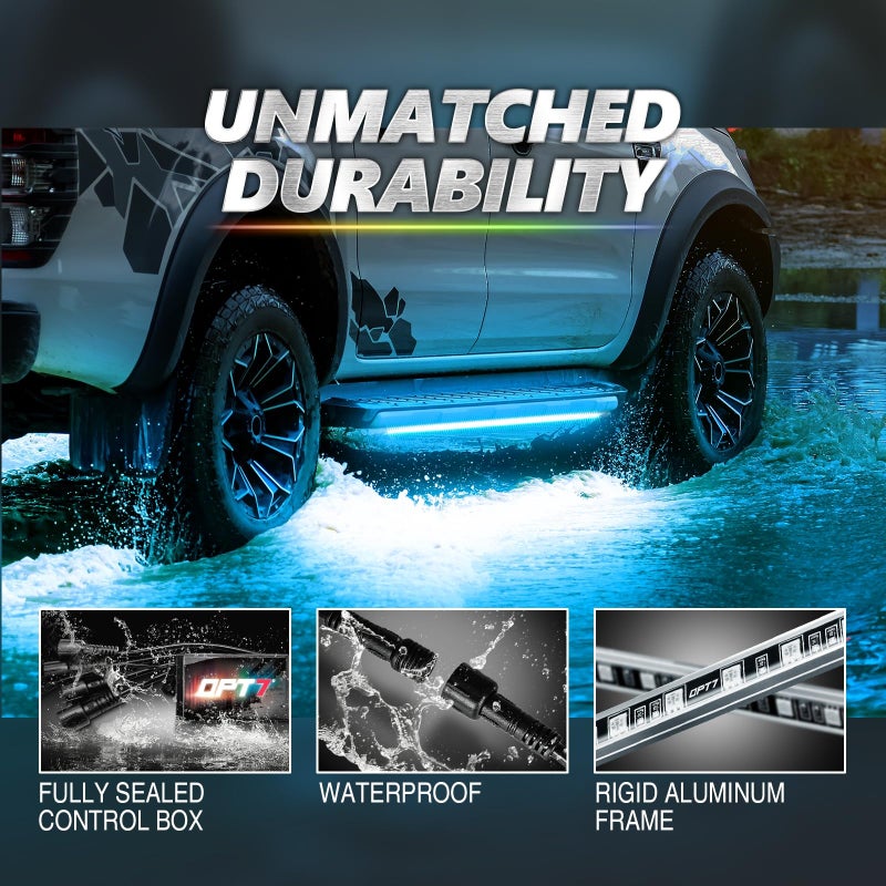 OPT7 مجموعة أضواء LED تحت السيارة OPT7 Aura Pro للشاحنات مع تطبيق وتحكم عن بُعد، أوضاع موسيقية متعددة الألوان RGB، شريط ضوء ألمنيوم صلب مقاوم للماء، إضاءة نيون خارجية للشاحنات العادية ذات الكابينة الممتدة - Image 5